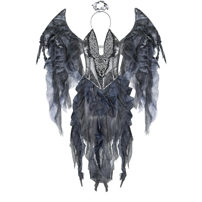 Angel Costume: A dramatic angel costume featuring large, silver wings and a corset-style top with intricate detailing. The outfit includes a layered tulle skirt, creating an ethereal and elegant look.

