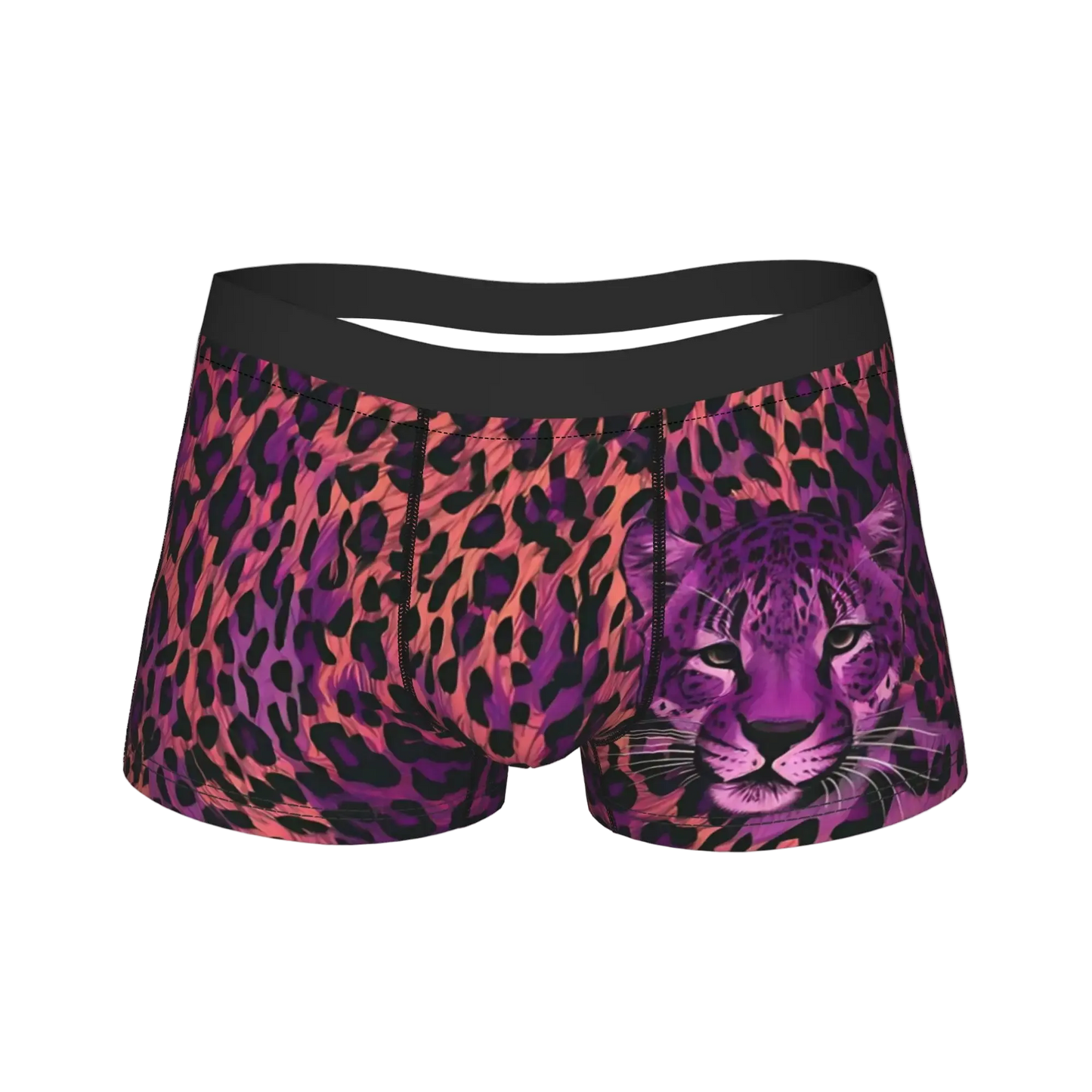 A pair of women's boxer briefs featuring a vibrant pink, purple, and black leopard print pattern with a detailed purple cheetah graphic on the right leg, set against a plain white background.