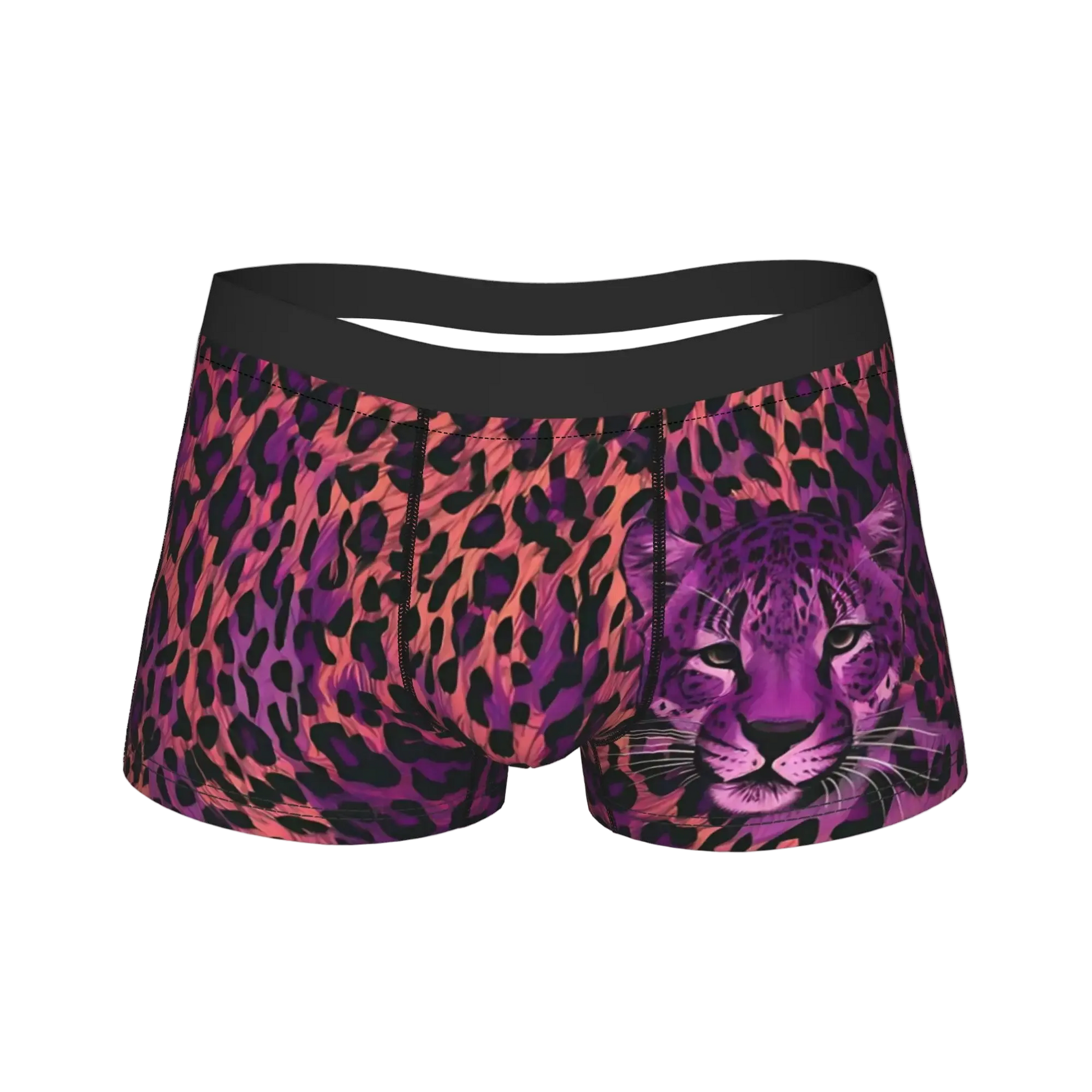 A pair of women's boxer briefs featuring a vibrant pink, purple, and black leopard print pattern with a detailed purple cheetah graphic on the right leg, set against a plain white background.
