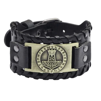 Black leather bracelet with a metallic clasp featuringRunes on a white background