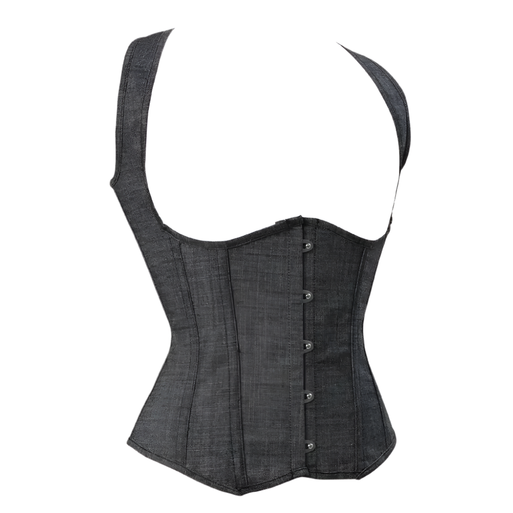 Black denim corset on a white background