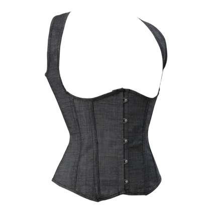 Black denim corset on a white background