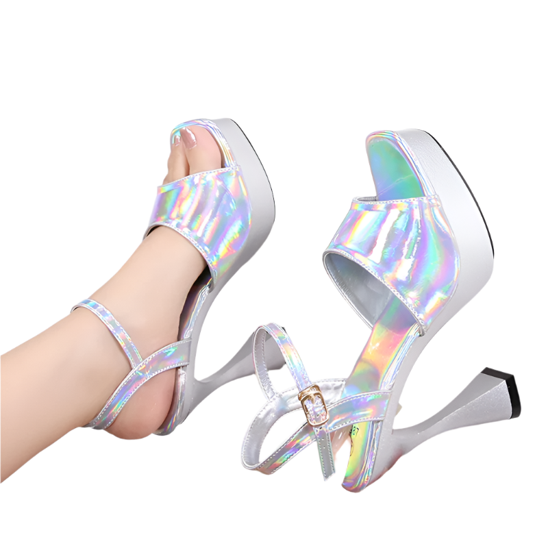 Holographic sandals with platform and heel on a white background, featuring the brand 'Voesnees'.
