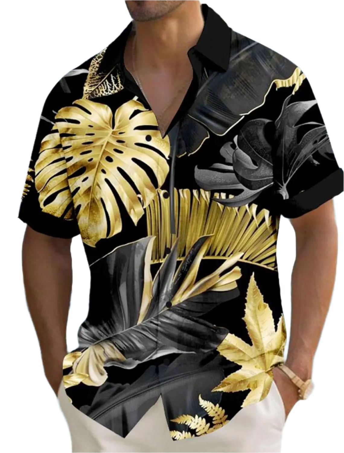 Person wearing a black and gold tropical leaf patterned shirt by a pool.