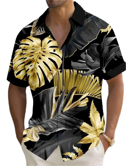 Person wearing a black and gold tropical leaf patterned shirt by a pool.