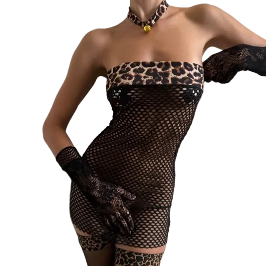 A model wearing a strapless black fishnet mini dress with a leopard-print bandeau top, black lace gloves, and a matching leopard-print choker necklace with a gold bell.