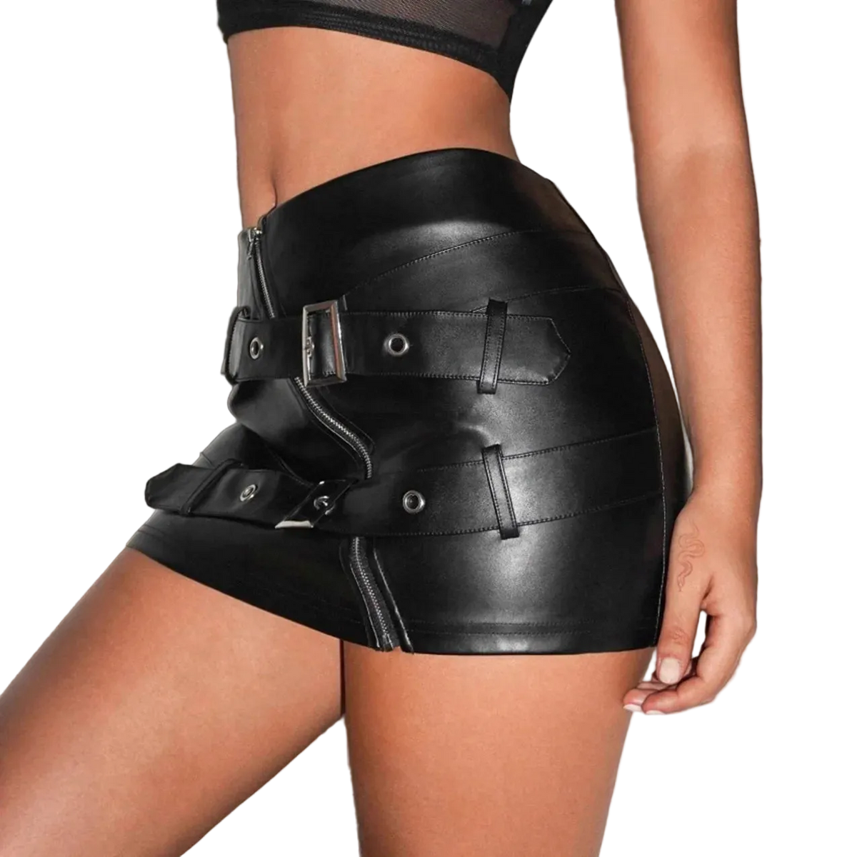 Black leather shorts with buckles worn by a person on a neutral background
