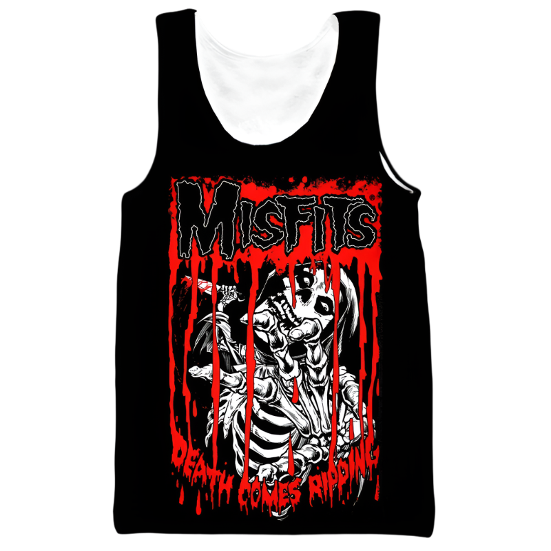Black tank top with graphic design and text on a white background