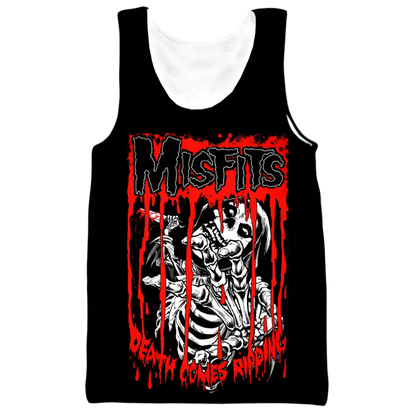 Black tank top with graphic design and text on a white background