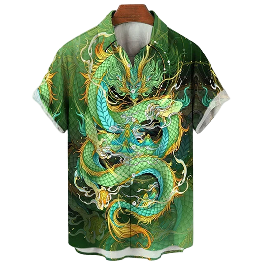 Green shirt with dragon design on a white background