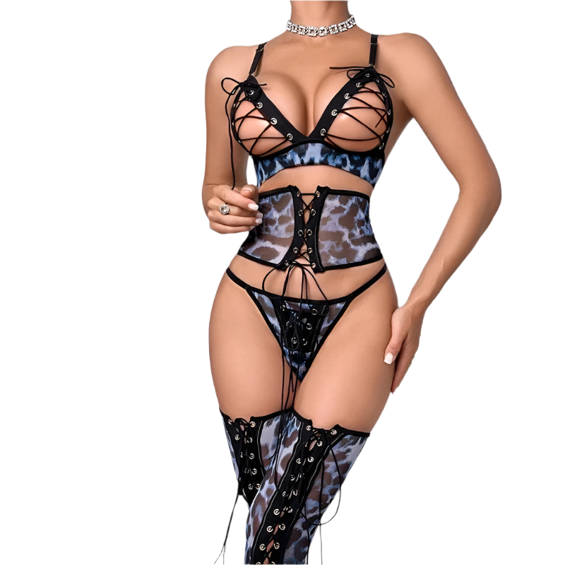 High-tech leopard print body shaping lingerie set featuring innovative girdle design with seductive lace-up details and strategic hollow-out patterns

