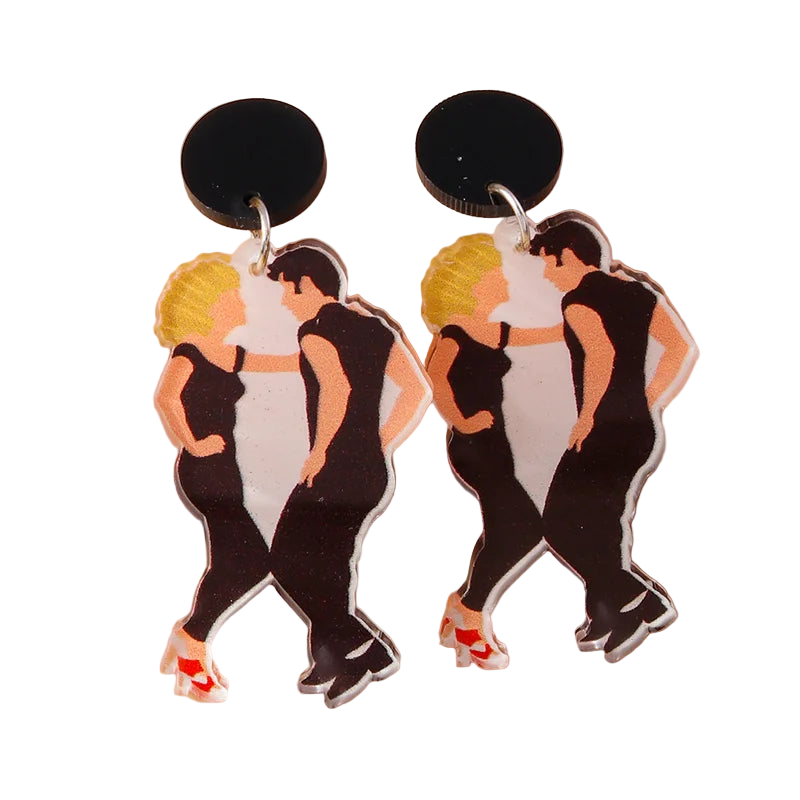 Dance earrings with characters in black outfits on a beige background