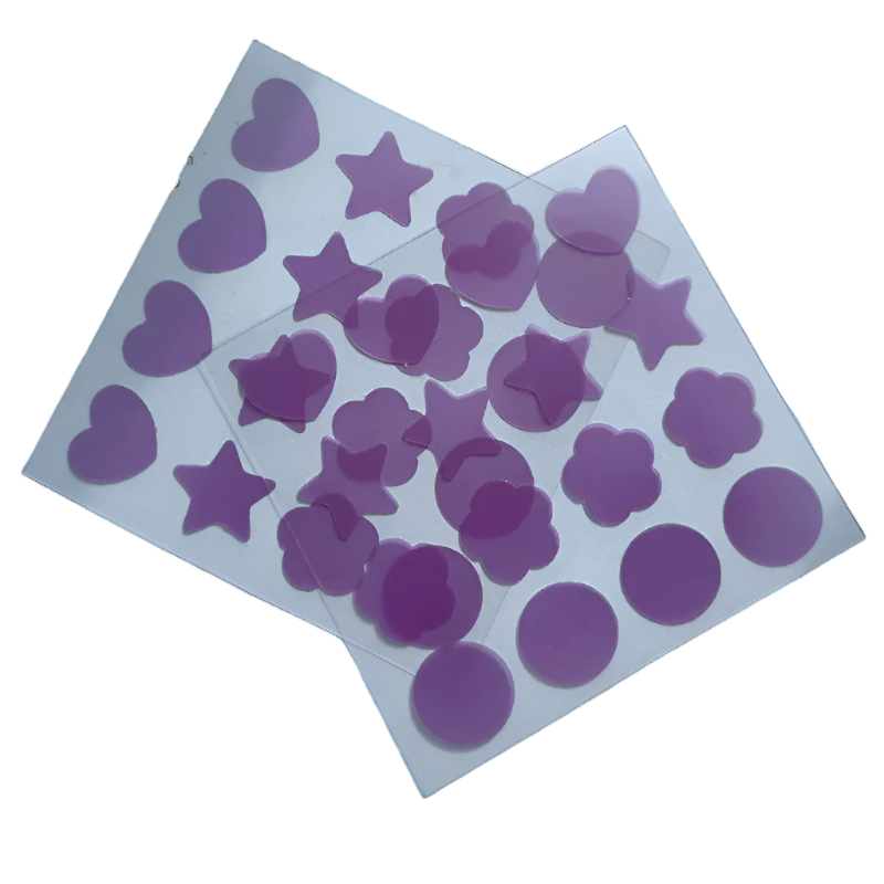 Purple heart, star, and circle stickers on a clear sheet with 'Artistic Sex Co.' logo.