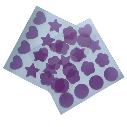 Purple heart, star, and circle stickers on a clear sheet with 'Artistic Sex Co.' logo.