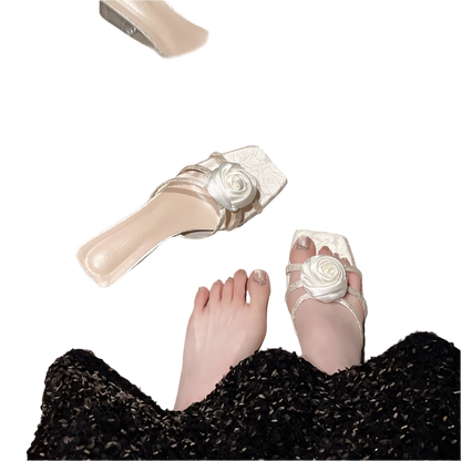 Sweet silk flower slides with 6.5cm heel, perfect for romantic resort occasions
