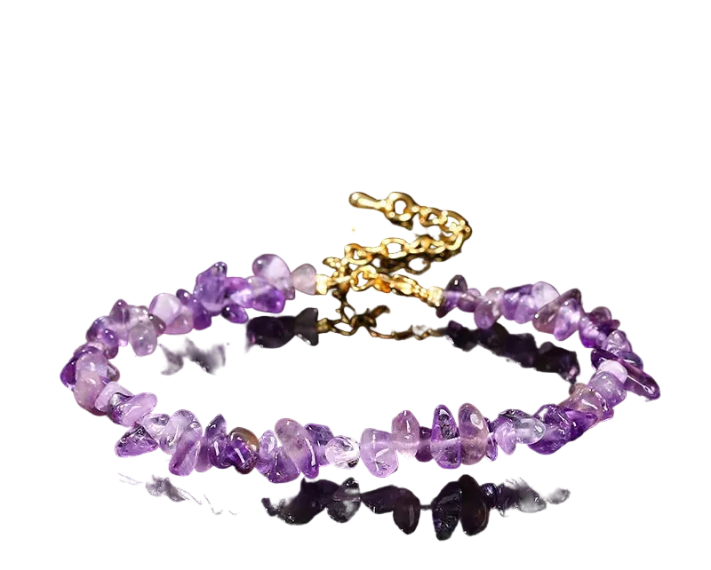 Purple amethyst beaded necklace on a black background with 'Natural Amethysts' text.