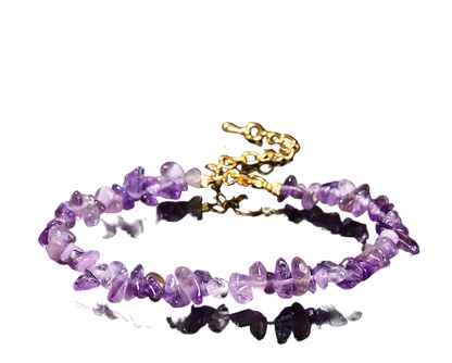 Purple amethyst beaded necklace on a black background with 'Natural Amethysts' text.
