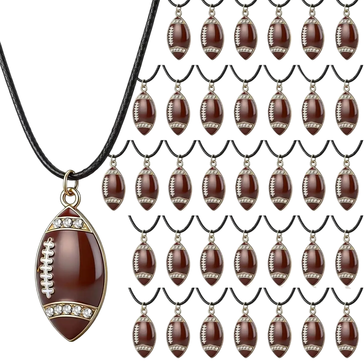 A football-shaped pendant necklace with a glossy dark brown body, gold-tone trim, white lacing detail, and small clear rhinestones, shown on a black cord. The main pendant is large and detailed, while the background contains many smaller repeated views of the same pendant on black cords.