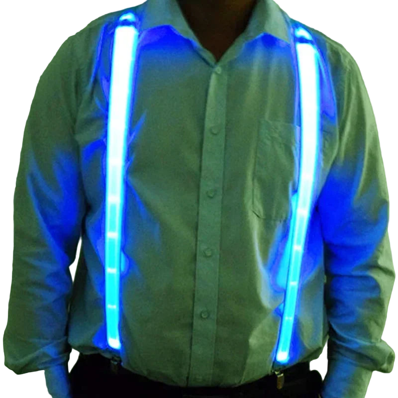 Person wearing glowing blue suspenders over a light shirt against a green background