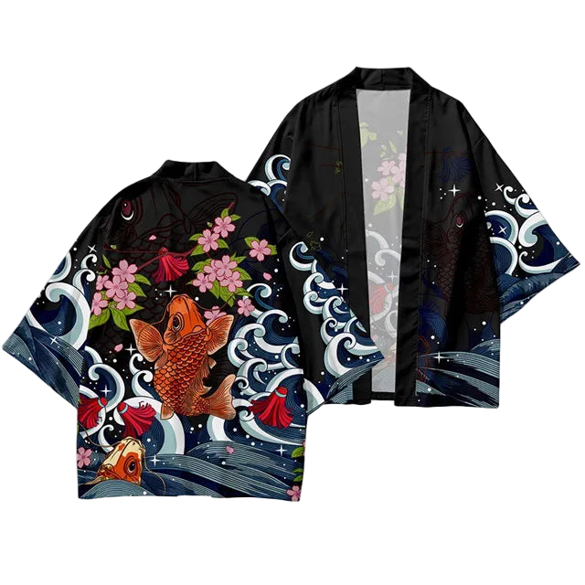 Traditional Japanese kimono with goldfish and floral designs on a white background