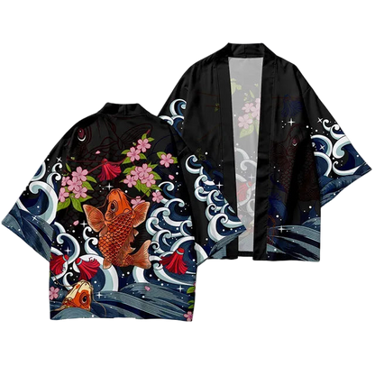 Traditional Japanese kimono with goldfish and floral designs on a white background