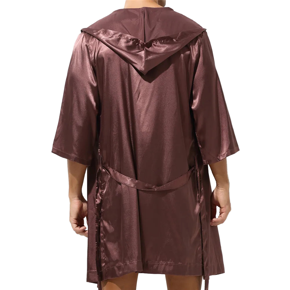 Brown satin robe worn by a person on a white background