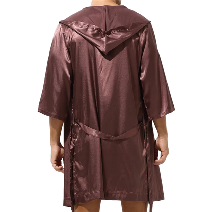 Brown satin robe worn by a person on a white background