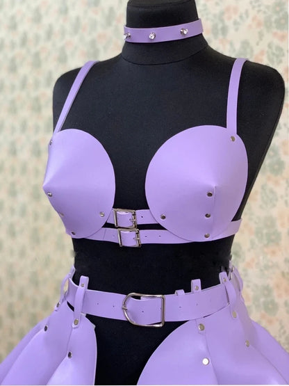 Women's Pu Leather Strap Bra Space Costume Singer Cosplay Space Suspenders Gothic Ruffle Suspenders Holographic Leather Outfit