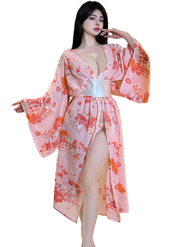 Woman wearing a pink floral kimono in an indoor setting