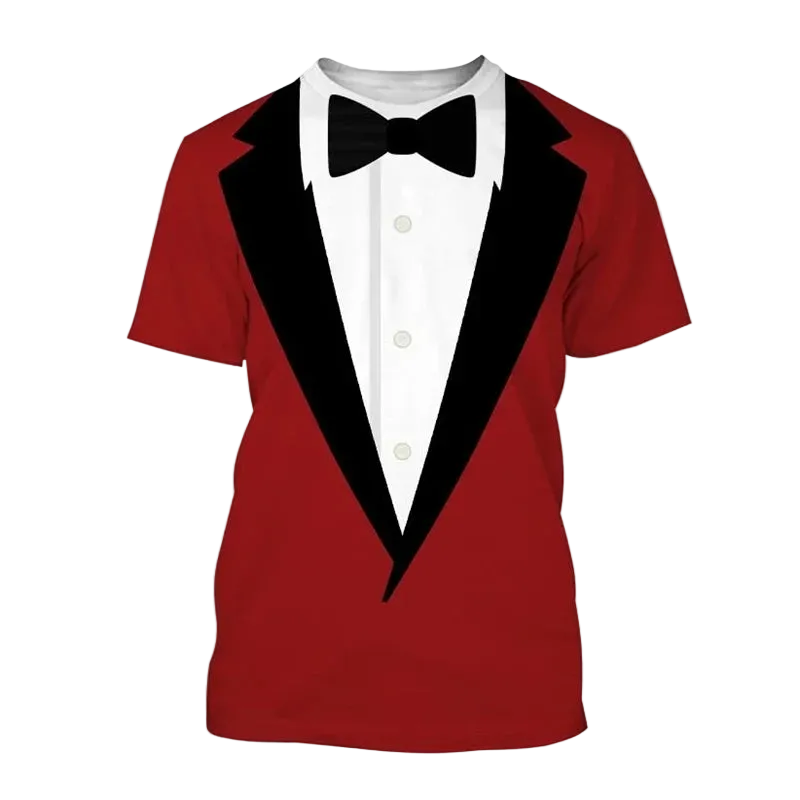 A red short-sleeve t-shirt printed with a tuxedo design, featuring black lapels, a white shirt, and a black bow tie. The word 'Silver' is printed in gray in the top left corner.