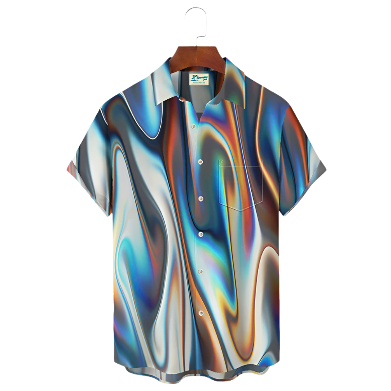 Colorful shirt with abstract design on a hanger against a white background