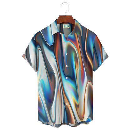 Colorful shirt with abstract design on a hanger against a white background