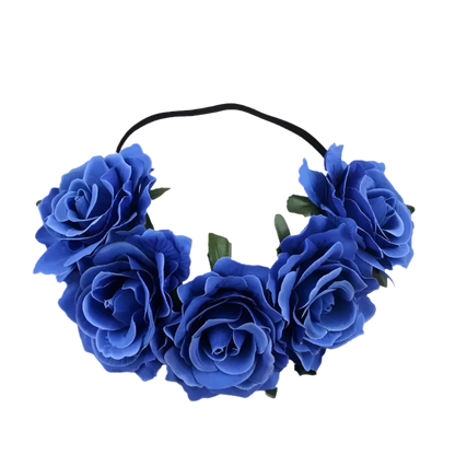 A floral headband featuring large, vibrant roses. The design is bold and romantic, perfect for a bohemian or festival look.