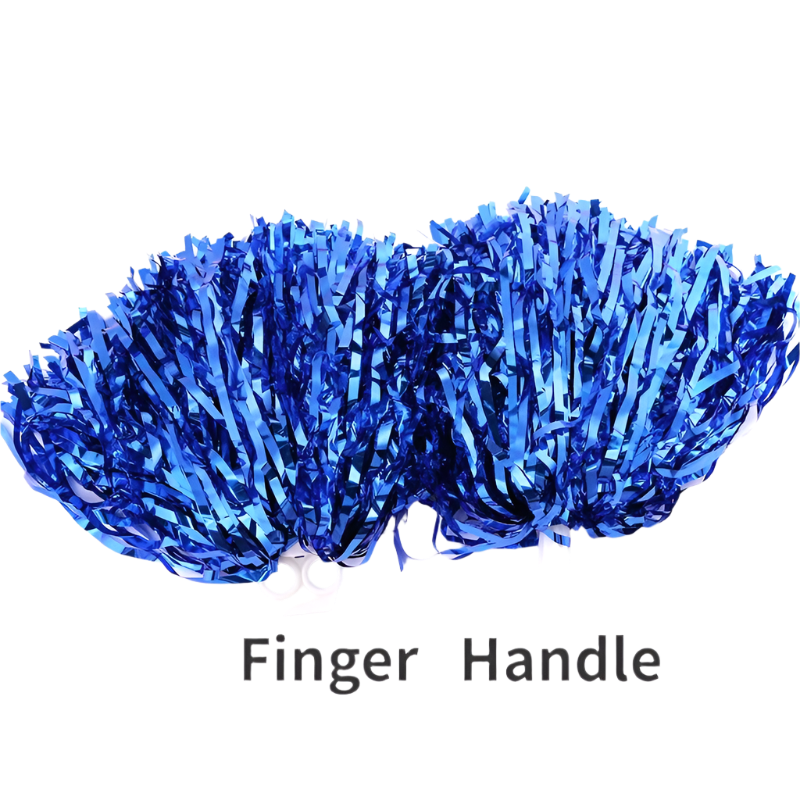 Two blue pom-poms with a finger handle on a white background