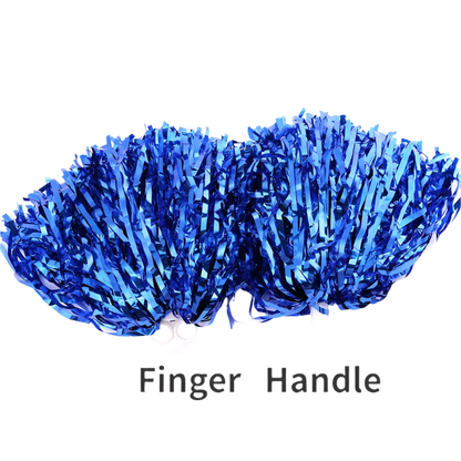 Two blue pom-poms with a finger handle on a white background
