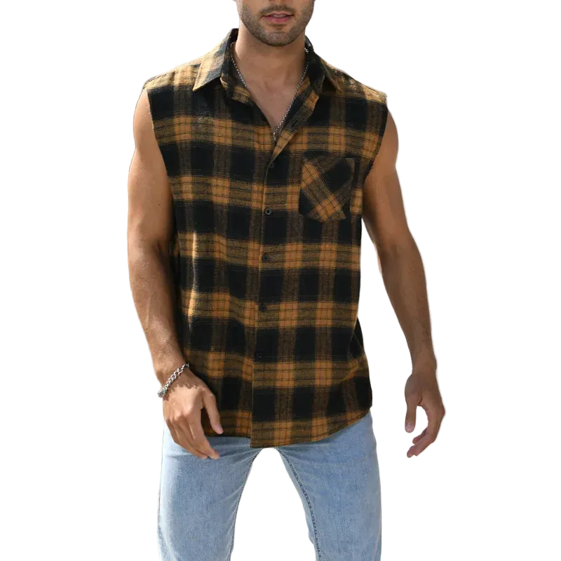 Man wearing a sleeveless plaid shirt in an outdoor setting
