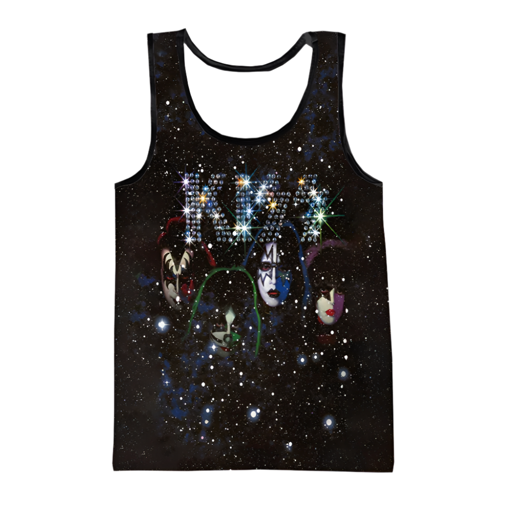 Black tank top with colorful graphic design on a white background