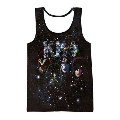 Black tank top with colorful graphic design on a white background