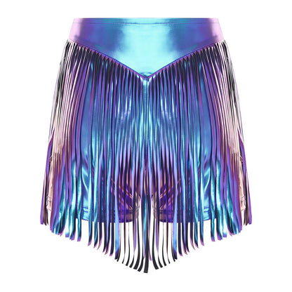 Women Iridescent Metallic Hot Pants with Fringed High Waist Tassel Skirted Shorts Cheeky Shorts Stage Dance Jazz Rock Clubwear