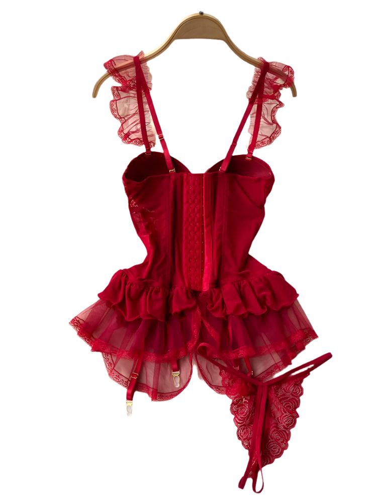 Red lace lingerie set on a hanger against a white fur background with decorative elements.