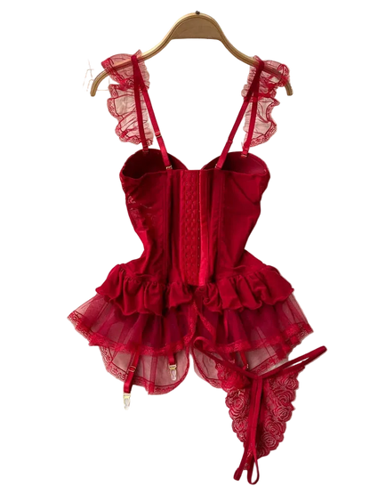 Red lace lingerie set on a hanger with a white floral background