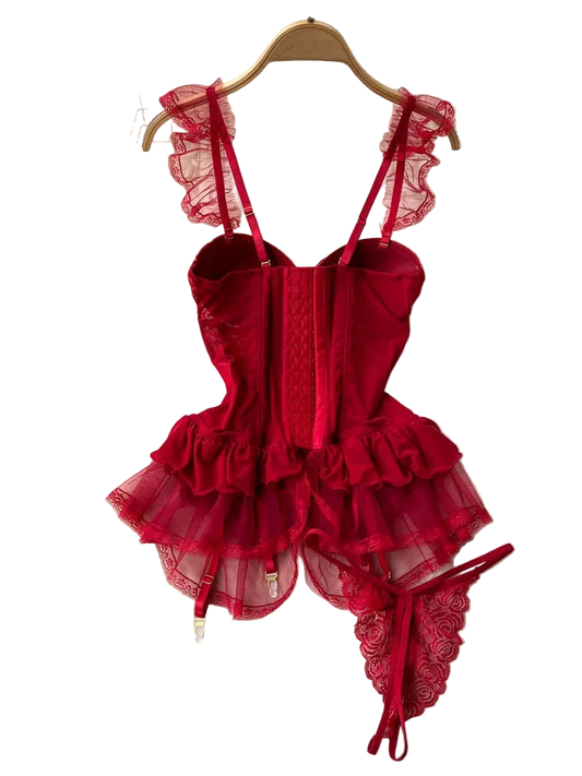 Red lace lingerie set on a hanger with a white floral background