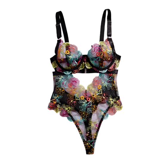 mesh patchwork embroidery bodysuit with coloured lace and sheer fantasy design for hot night resort entertainment