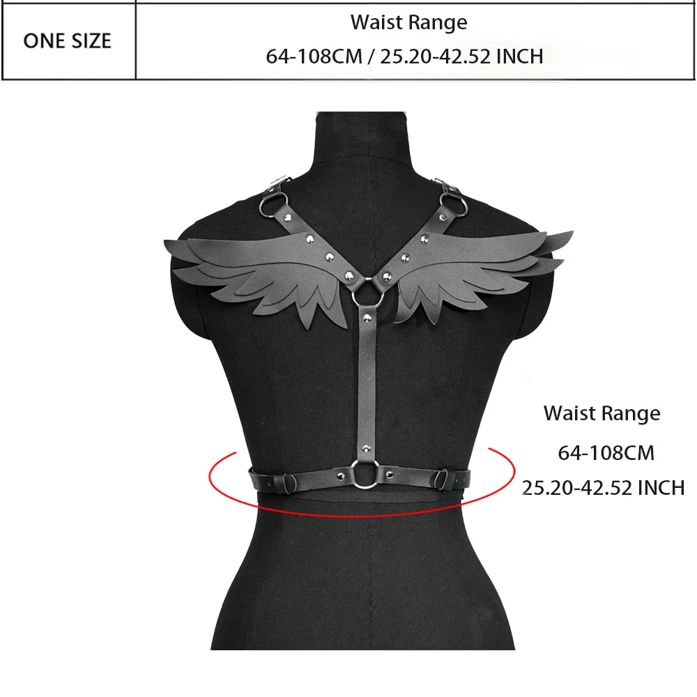 Gothic Leather Angel Wing Harness Belt in Black, Front View for Resort Theme Nights