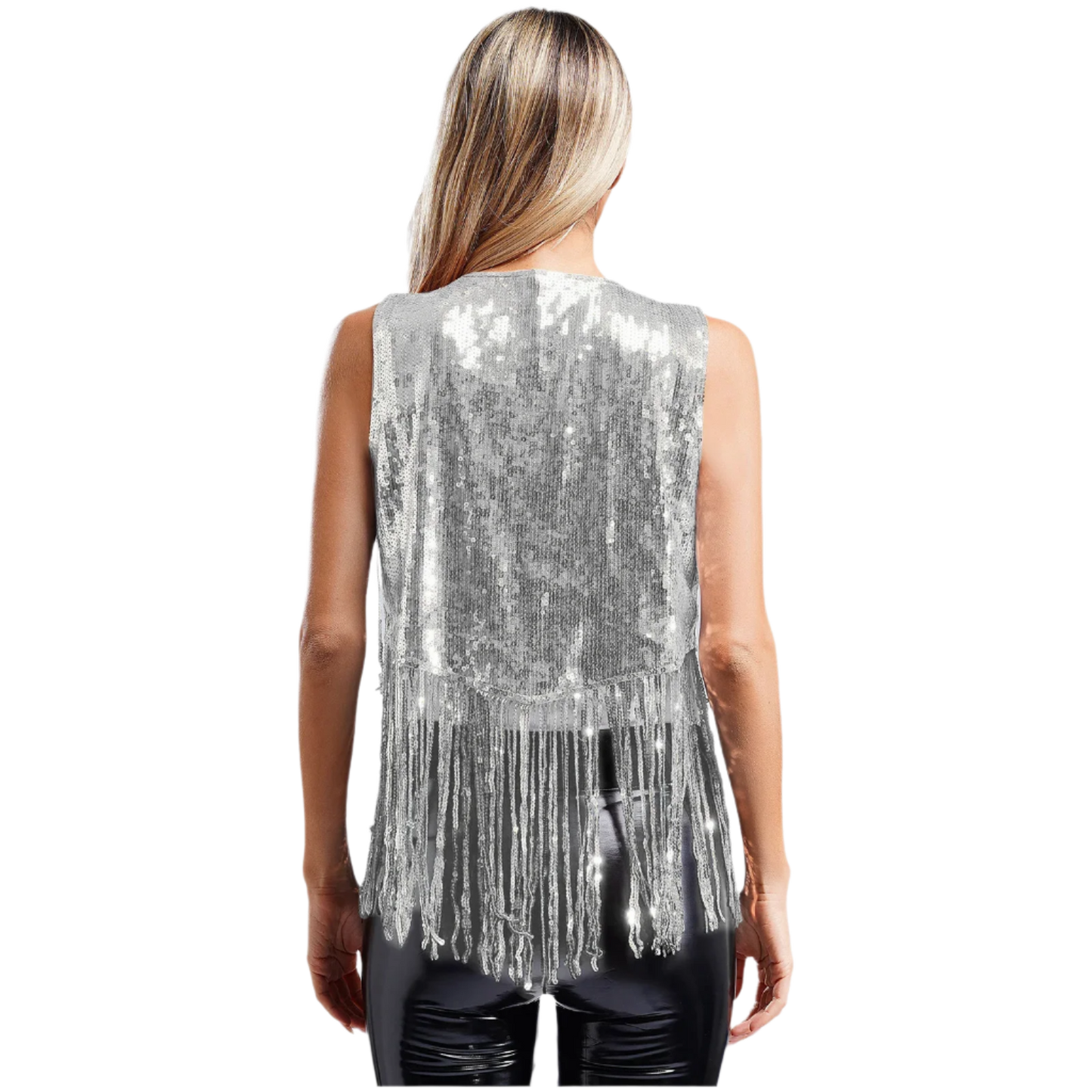 A sleeveless vest with sequins and fringe detailing. The vest is embellished with small studs, adding a touch of sparkle and flair to any outfit.
