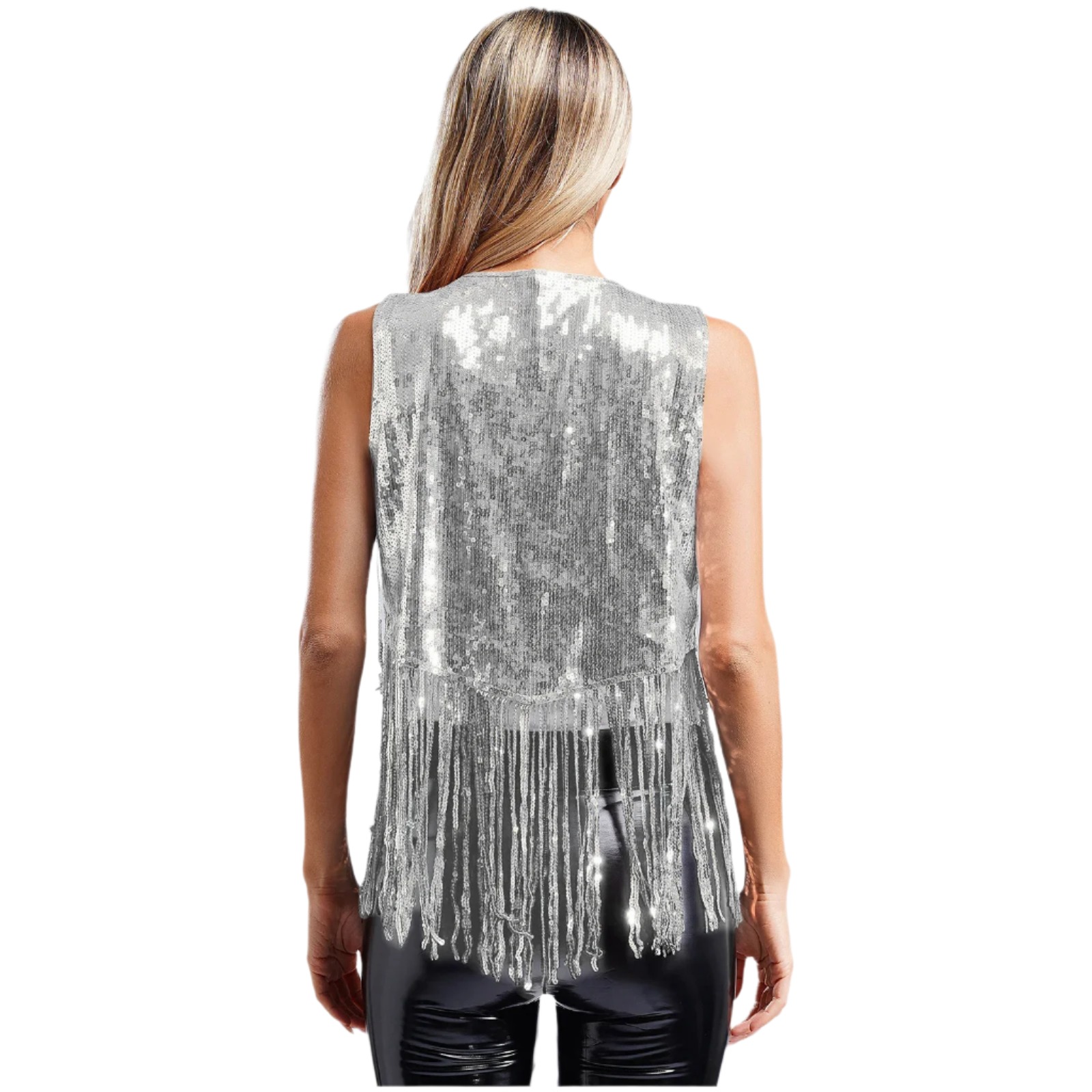 A sleeveless vest with sequins and fringe detailing. The vest is embellished with small studs, adding a touch of sparkle and flair to any outfit.
