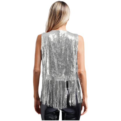 A sleeveless vest with sequins and fringe detailing. The vest is embellished with small studs, adding a touch of sparkle and flair to any outfit.
