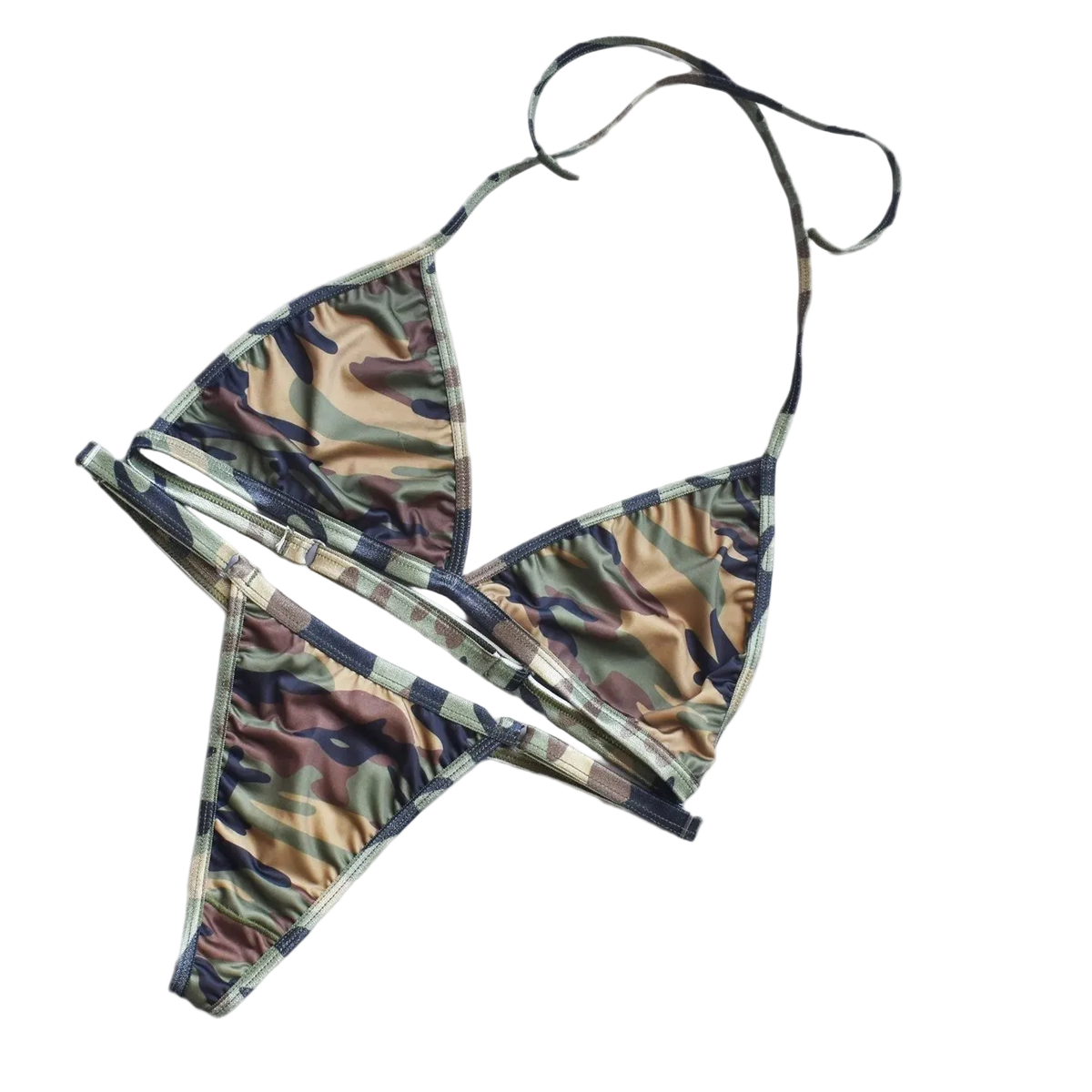 A two-piece camouflage print string bikini set, featuring a triangle halter top and matching low-rise string bottoms, laid flat on a white background.