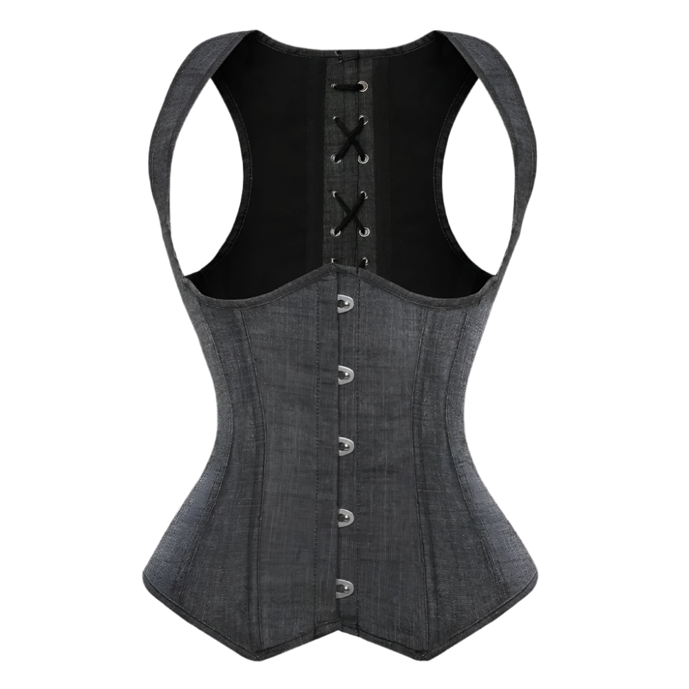 Black denim waist trainer with button details on a white background