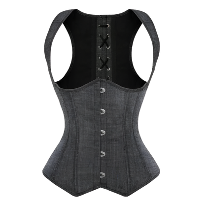 Black denim waist trainer with button details on a white background